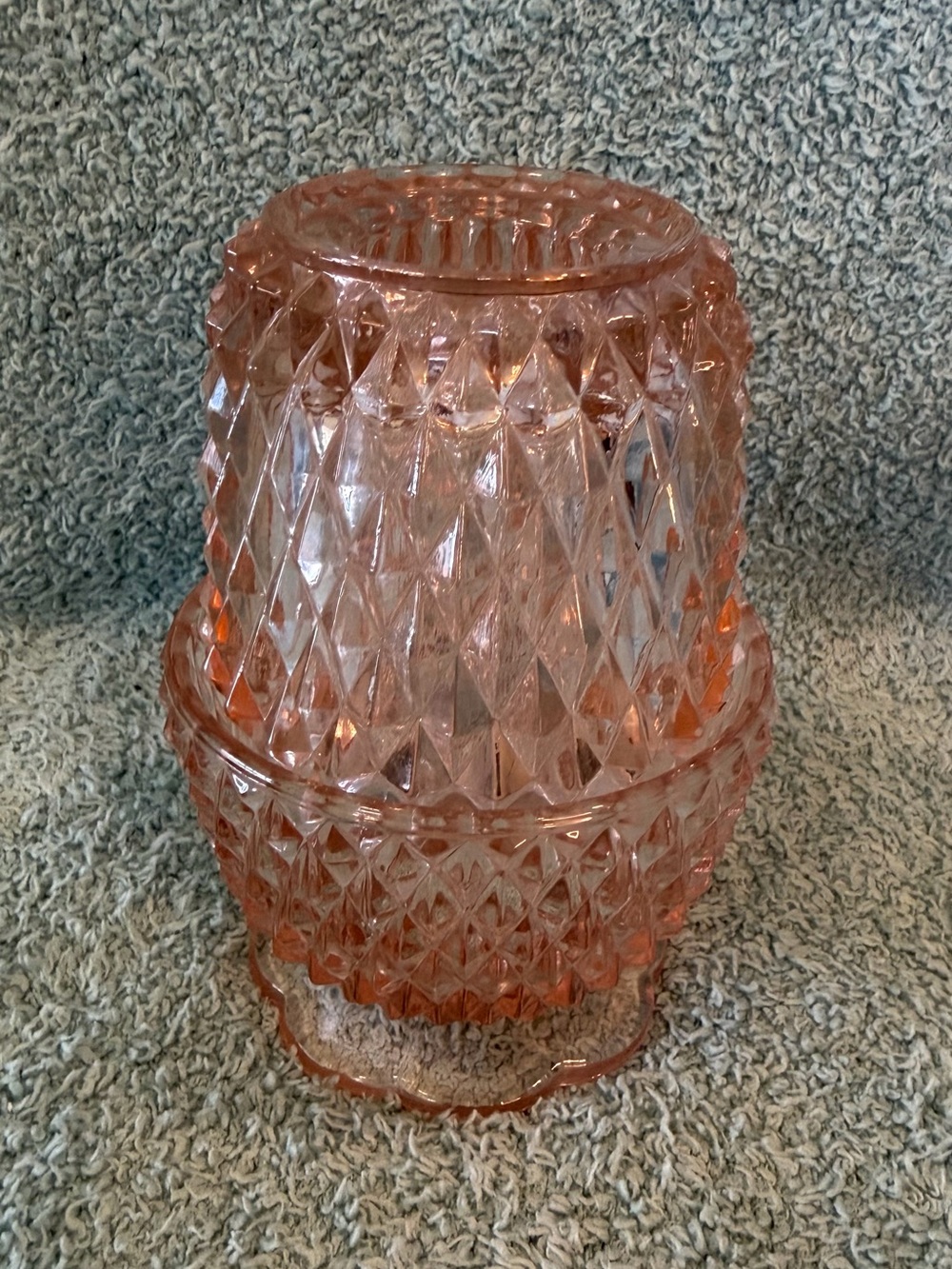 Vintage Diamond Point Indiana Glass Peach Pink Two Piece Fairy Lamp